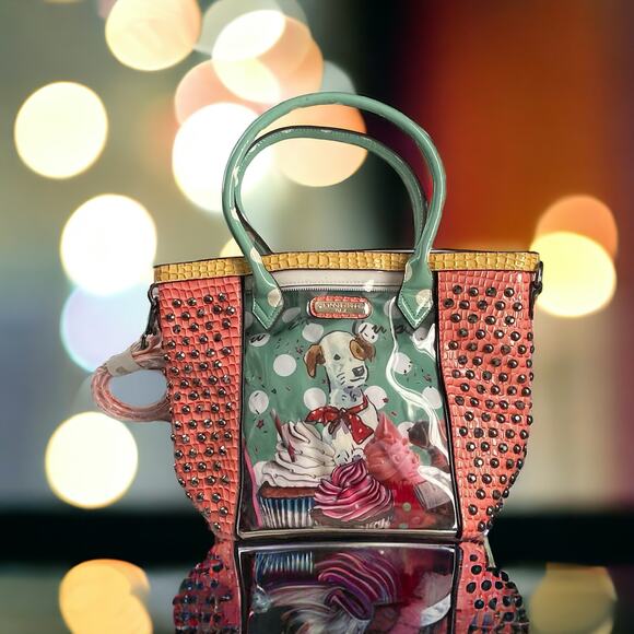 Nicole Lee Sweet Cupcake Tote Removable Interior Bag Coral Green Dogs Puppies - Picture 2 of 16